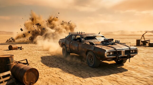 Mad Max style Vintage Muscle Car, tearing through a vast post-apocalyptic desert wasteland