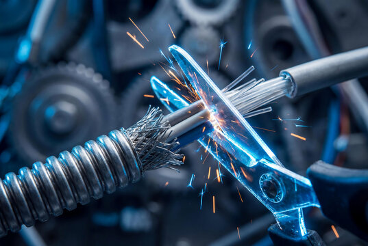 Vintage metal scissors cutting black internet cable on gray concrete background for hybrid war and communication sabotage concept