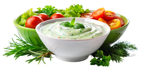 Bowl of green sauce with herbs and vegetables on white isolated on a transparent background white bowl