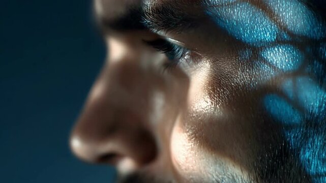 Close Up of Man Face with Blue Digital Network Pattern Light