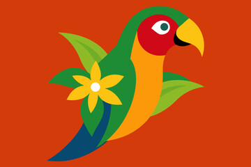 Colorful parrot with flower on orange background bird