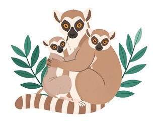Fototapeta premium Cartoon-style lemur family illustration mother, two babies, with striped tail and green foliage background
