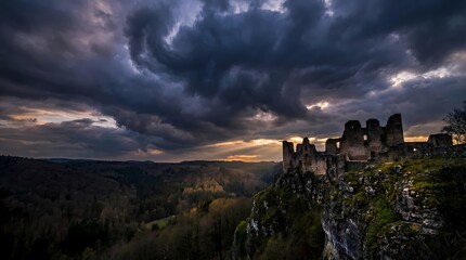 Fototapeta premium Mysterious ancient castle ruins on cliff at dramatic sunset