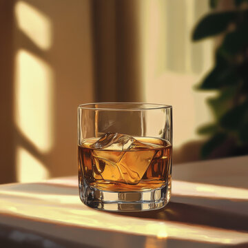 A glass of whiskey with ice cubes resting on a table