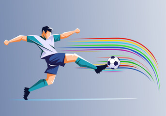 Dynamic footballer with vibrant streaks kicks a soccer ball, perfect for sportsthemed designs, sports blogs, football articles, and posters