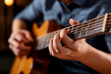 Fototapeta premium Musician's Hands Hovering Above Guitar Strings Moments Before Plucking Notes