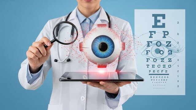 Doctor holds a magnifying glass and tablet displaying a holographic eye with a vision chart.