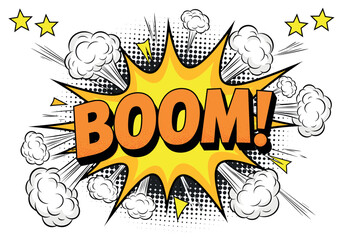 Dynamic Boom Comic Explosion Vector Illustration with 3D Orange Text Yellow Halftone Sunburst Splash and Smoke Clouds for Action Pop Art Graphic Design © Lunavera art