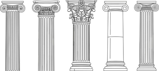 Classical Greek and Roman Column Set, Flat Vector Architectural Pillars and Ornate Capitals