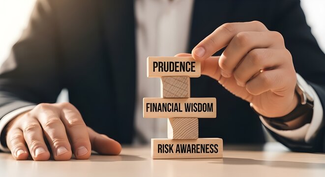 Businessman carefully balances wooden blocks labeled with prudence financial wisdom and risk awareness for sound investment strategy
