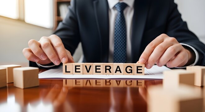 Businessman in suit carefully arranging wooden blocks spelling the word leverage on a reflective desk surface during work