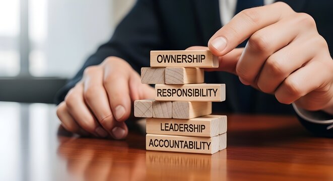 Businessman carefully balancing wooden blocks inscribed with core management concepts like ownership responsibility leadership and accountability