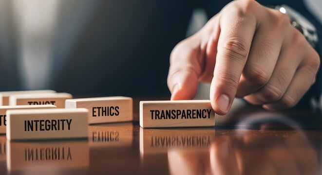 Businessman selects the transparency wooden block emphasizing corporate values like ethics and integrity for business success