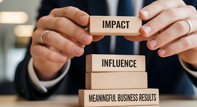 Businessman stacking wooden blocks labeled impact influence and meaningful business results demonstrating strategic management concepts clearly