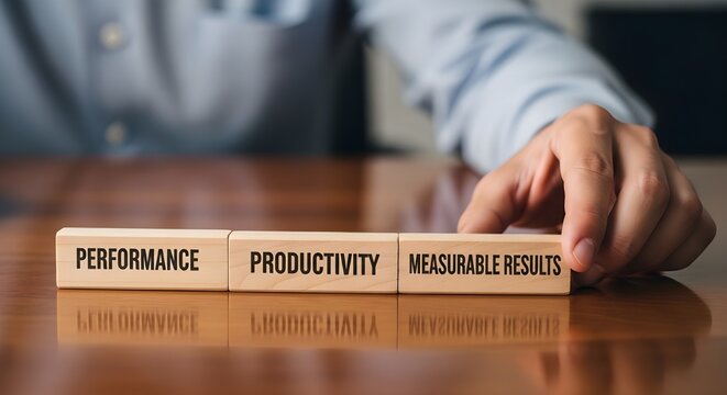 Manager placing wooden blocks labeled performance productivity and measurable results signifying business strategy implementation