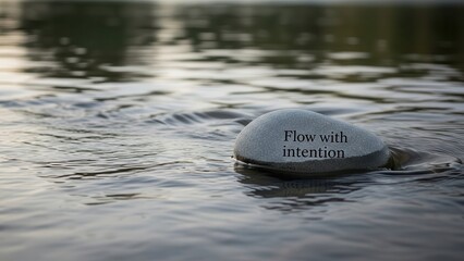 Stone with 'Flow with Intention' message in water