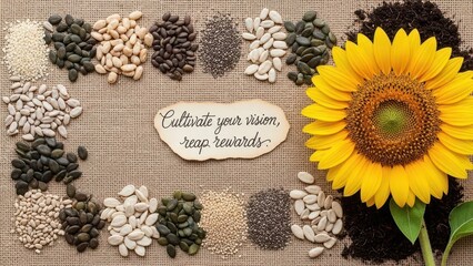 Sunflower and Various Seeds Arranged with Inspirational Quote
