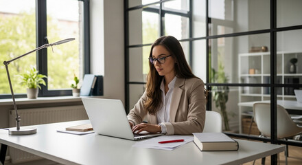 A professional young businesswoman sitting at an office desk works on her laptop with a successful smile while typing on the computer in a modern technology workplace