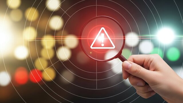 Hand holds a magnifying glass over a glowing red danger warning sign, indicating an urgent alert or security threat.