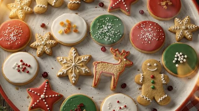 Festive Assortment of Decorated Christmas Cookies with Reindeer, Snowflakes, and Stars on a Plate in Traditional Holiday Colors