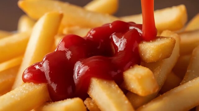 Close-up shot of ketchup being poured onto a pile of golden french fries on a dark background