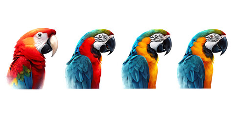 Four colorful macaws with different feather patterns on white background isolated on a transparent background