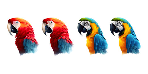 Four colorful parrots side profile isolated on a transparent background colorful birds macaws
