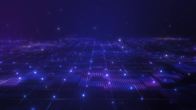 Abstract digital perspective grid with glowing purple and blue particles on dark background. 