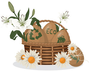 Fototapeta premium Eco-Friendly Easter Basket with Flowers and Eggs isolated on transparent background for sustainable spring holiday designs. Green easter concept. white daisies, and lily flowers. Vector illustration.