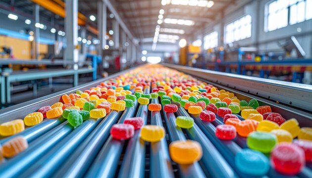 "Colorful gummy candies on conveyor in modern factory."
