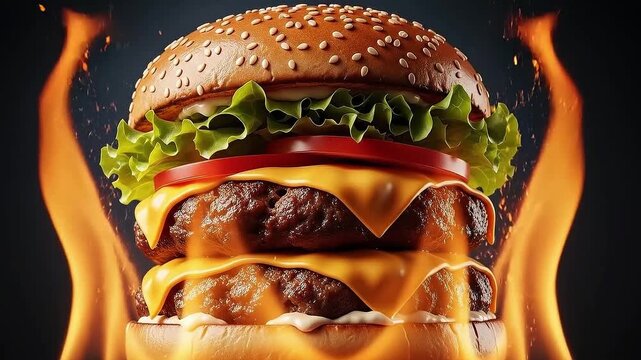 A close-up shot of a double cheeseburger with flames erupting around it, showcasing melted cheese, fresh lettuce, and tomato on a toasted bun.