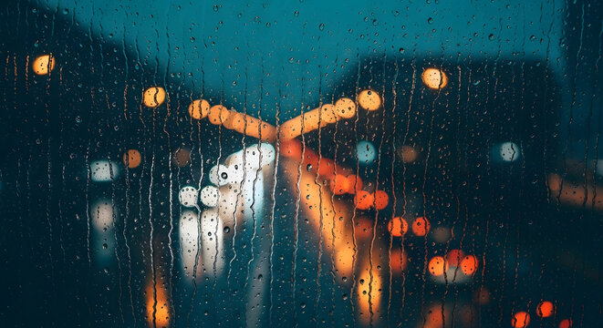 Blurry city lights seen through a rain-streaked window at night, creating a moody and atmospheric scene