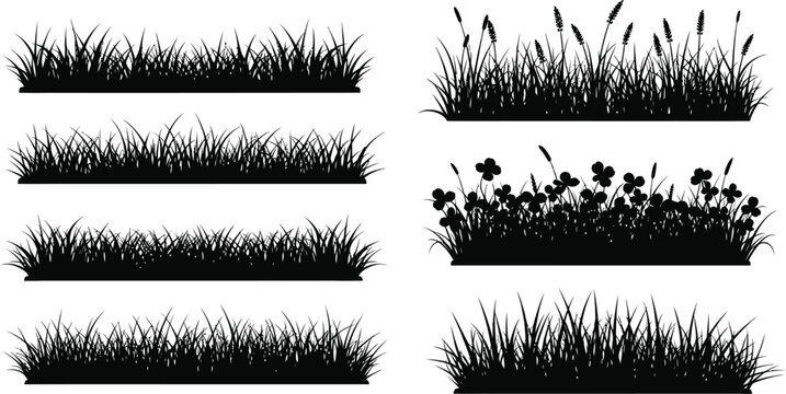 A collection of black silhouettes of various grass types and flowers on a white background