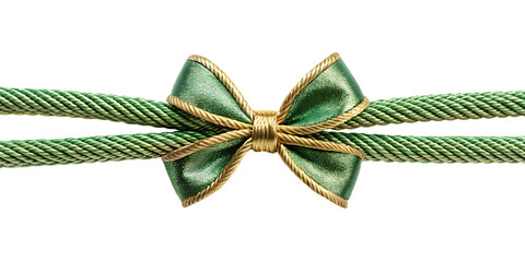 Green rope with gold trimmed bow isolated on a transparent background