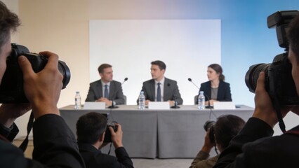 Fototapeta premium Press conference with business executives at a table, photographers capturing news coverage, corporate communication and public relations mood, media event for election season