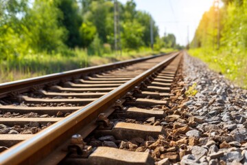 Obraz premium Ground Level View of Train Tracks Surrounded by Lush Greenery on a Sunny Day