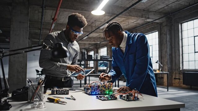 Two African men engineers in industrial workshop, assembling circuit boards on workbench for robotics prototype testing, focused teamwork mood for innovation and career training