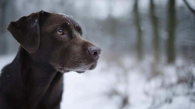 Chocolate labrador retriever in snowy forest, closeup side profile with soft bokeh, calm winter mood for pet care and outdoor adventure, Christmas season