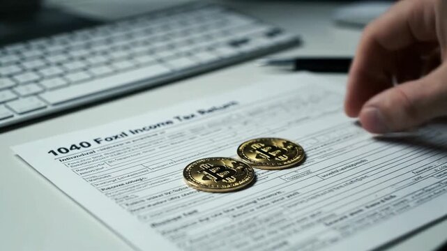 Mans Hand Placing Bitcoin Coins on 1040 Income Tax Return Form, Illustrating Cryptocurrency Taxation and Financial Planning.