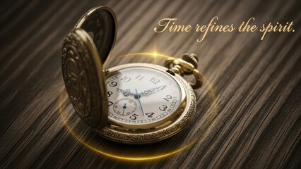 Vintage Gold Pocket Watch Displayed on Wooden Surface