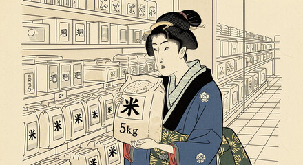 浮世絵風：スーパーの棚でお米の品質を確かめる着物の女性