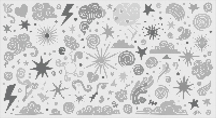 Fototapeta premium Black and white halftone dots forming abstract shapes and symbols on a white background pattern