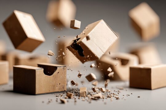 Torn delivery boxes lie scattered, showing an assortment of goods in disarray on a calm afternoon, creating a scene of unexpected chaos