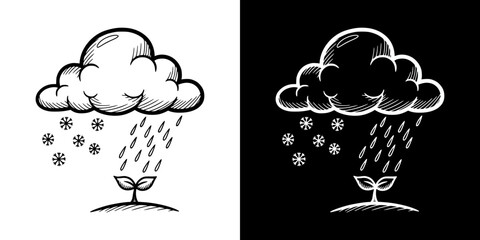 Cloud releasing snow and rain nourishing a sprout illustrating Spring Equinox, isolated vector image, two design options on transparent and black backgrounds, pencil drawing, chalk drawing  