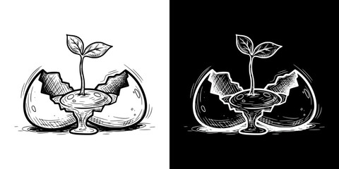 Sprout growing from a cracked egg symbolizing Spring Equinox, isolated vector image, two design options on transparent and black backgrounds, pencil drawing, chalk drawing  