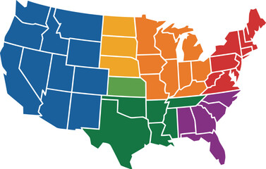 Regional map of usa states with distinct bright colors, showing different geographic areas and zones