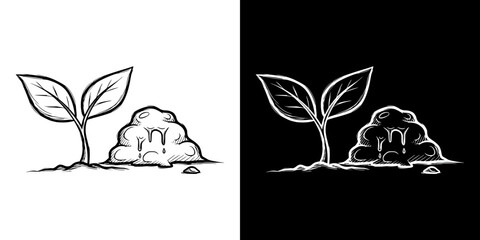Sprout growing next to melting snow pile representing Spring Equinox, isolated vector image, two design options on transparent and black backgrounds, pencil drawing, chalk drawing
