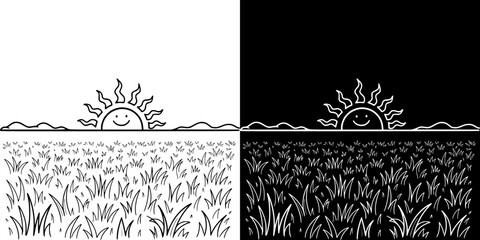 Sun rising above grassy landscape split between light and dark in spring equinox, isolated vector image, two design options on transparent and black backgrounds, pencil drawing, chalk drawing  
