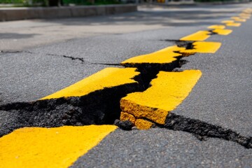 Cracked Asphalt Surface with Yellow Line Markings in Urban Roadway