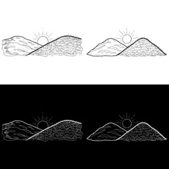 Two illustrations of mountains with sun on white and black backgrounds, isolated vector image, two design options on transparent and black backgrounds, pencil drawing, chalk drawing, set  